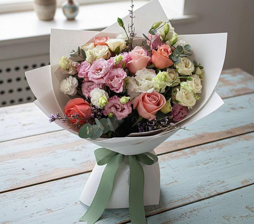 Букет цветов из: Розы, Лизиантусы и Гвоздики в Ирбите