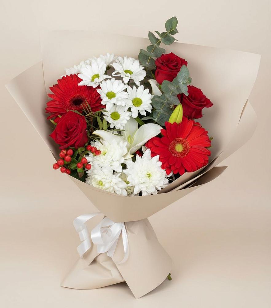 Букет цветов из: Розы, Хризантемы, Герберы и Лилии в Ирбите